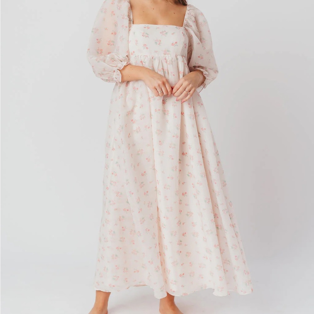 Square-Neck Asymmetrical Maxi Dress in Blush Floral